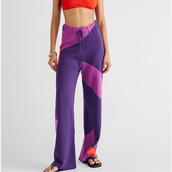 New Hosbjerg x Free People Corsa Colorblock S Purple Pink Intarsia Knit Wide-Leg - Picture 3 of 17